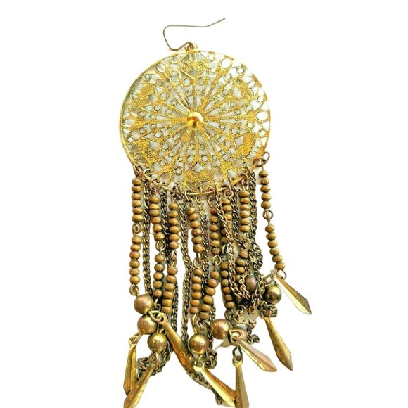 Vintage Gold Filigree Dreamcatcher Dangle Earrings With Bead & Chain Fringe A250 - Picture 6 of 12